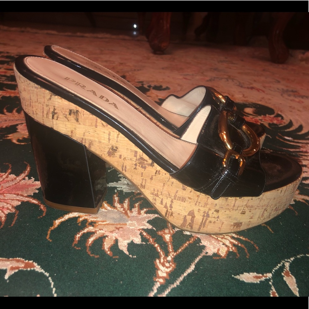 Prada Black & Gold Buckle Block/Clog Heels